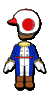 a cartoon character wearing a helmet and a blue and white suit .