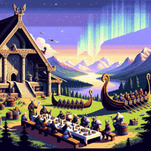 a pixel art painting of vikings having a meal