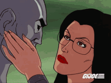 a cartoon of a woman touching a man 's face with a logo for gi joe