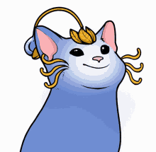 a drawing of a blue cat with a yellow flower on its head