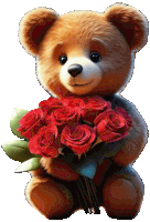 a teddy bear holds a bouquet of red roses