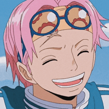 a cartoon character with pink hair and glasses smiles