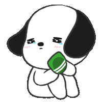 a black and white cartoon dog is crying while holding a cup .