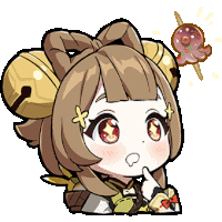 a cartoon of a girl with bells on her head holding a donut on a stick