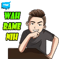 a cartoon of a man sitting at a table with wah rame nih written on the bottom