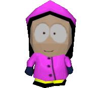 a cartoon character from south park wearing a purple jacket