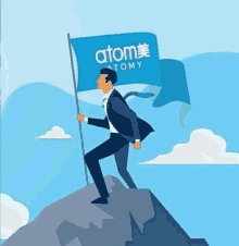 a man in a suit is holding a flag that says atomy