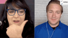 a woman wearing glasses talks to a man wearing ear buds in front of a brick wall that says prepared performance