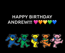 a black background with dancing bears and the words happy birthday andrew !!!