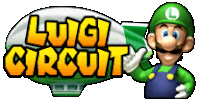 a logo for luigi circuit with a picture of luigi in front of it