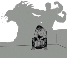 a drawing of a man sitting on a stool with his shadow of a monster behind him