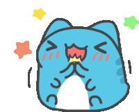 a cartoon drawing of a blue cat with a crown in its mouth