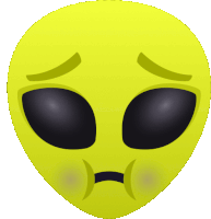 a yellow alien face with black eyes and a sad look on it 's face