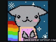 a pixel art of a cat with a rainbow on its head