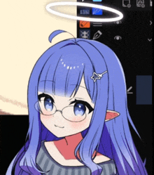 a girl with long blue hair and glasses has a halo around her head