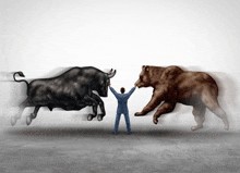 a man in a suit stands in front of a bull and a bear