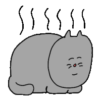 a cartoon drawing of a gray cat laying down with steam coming out of its head .