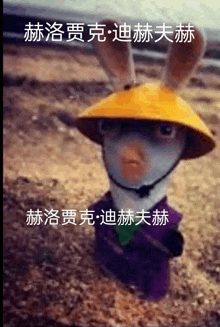 a cartoon rabbit wearing a yellow hat and a purple suit