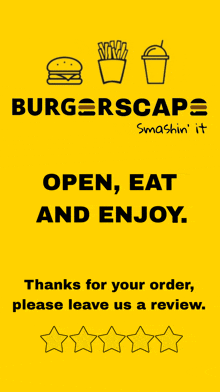 a yellow sign that says burgerscap open eat and enjoy