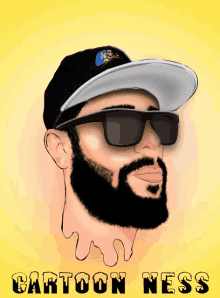 a man with a beard wearing sunglasses and a hat that says cartoon ness on the bottom