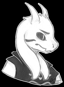 a black and white drawing of a goat with horns by a person named primo