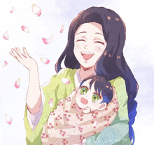 a drawing of a woman holding a baby with petals flying around them