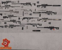 a bunch of guns are displayed on a wall with the bn servers logo