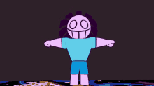 a cartoon character is standing with his arms outstretched in front of a dark background