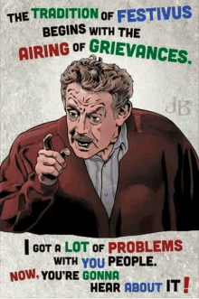 a cartoon of a man smoking a pipe with a quote about the tradition of festivus .