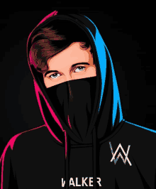 a drawing of a man wearing a black and blue hoodie with the word alker on it