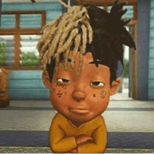 a cartoon character with dreadlocks and a yellow shirt is sitting on a table with his arms crossed .