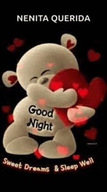 a teddy bear is hugging a heart with the words `` good night '' written on it .