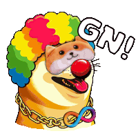 a dog wearing a clown wig and a chain around its neck with the word gn above it