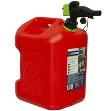 a red scepter gas can with a green sprayer attached to it