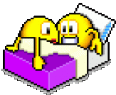 a pixel art of two smiley faces laying on a bed