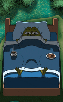 a cartoon of a frog laying in bed with a cup of coffee and a plate of almonds