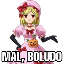 a cartoon girl in a pink dress with a pumpkin on her shoulder and the words mal boludo below her