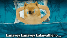 a dog is laying on a bed with the words kanavey kanavey kalaivatheno