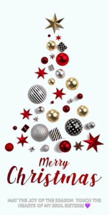 a merry christmas greeting card with a christmas tree made of decorations