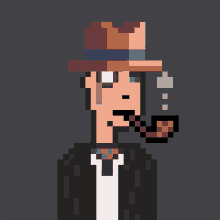 a pixel art of a man wearing a hat and tie smoking a pipe