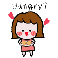 a cartoon of a girl holding a plate of food with the words hungry written above her