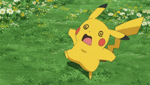 a pikachu with a surprised look on his face is standing in a field of flowers