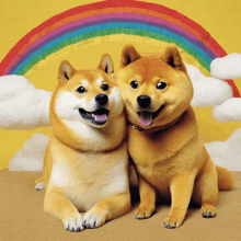 two dogs are sitting in front of a rainbow and clouds