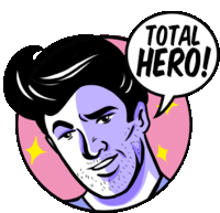 a cartoon illustration of a man with a speech bubble that says total hero