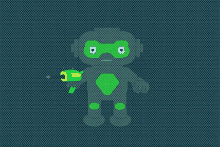 a pixel art of a robot holding a green toy gun