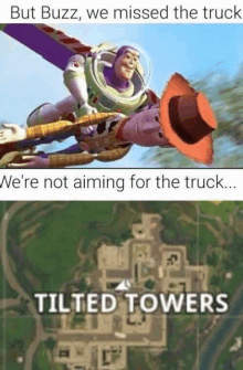 buzz lightyear from toy story is flying over tilted towers in a meme