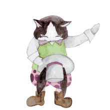 a cat wearing a green vest and purple shorts holds a white hat