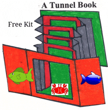 a drawing of a tunnel book with a fish crab and shark