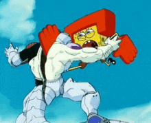 a cartoon of spongebob fighting a robot with the number 10 on his feet