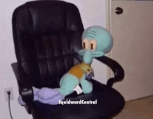 a stuffed squidward from spongebob squarepants is sitting on an office chair .